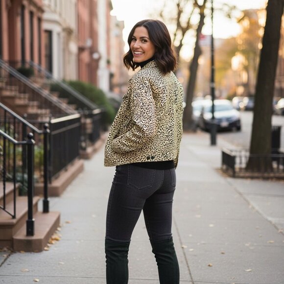 Volcom Denim Animal Print Full Zip Jacket Cheetah Sweater Collar Pockets Large - Picture 4 of 12